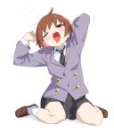  1girl black_necktie black_skirt blush brown_eyes brown_footwear brown_hair collared_shirt drooling grey_jacket highres jacket kill_me_baby loafers long_sleeves mouth_drool necktie one_eye_closed open_mouth oribe_yasuna pleated_skirt school_uniform shirt shoes short_hair simple_background sitting skirt socks solo squeans stretching white_background white_shirt white_socks yachima_tana 