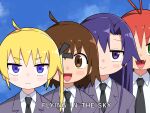  4girls antenna_hair black_necktie black_ribbon blonde_hair blue_eyes blush brown_eyes brown_hair closed_mouth collared_shirt english_text fangs g_gundam goshiki_agiri green_eyes grey_jacket gundam hair_ribbon highres jacket kill_me_baby long_hair looking_at_viewer multiple_girls necktie open_mouth oribe_yasuna parody purple_eyes purple_hair red_hair ribbon school_uniform shirt short_hair sky sonya_(kill_me_baby) unused_character_(kill_me_baby) upper_body white_shirt yachima_tana 