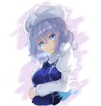  arm_under_breasts blue_dress blue_eyes breast_hold breasts commentary_request dress eyebrows_visible_through_hair hair_between_eyes hat head_tilt highres juliet_sleeves large_breasts letty_whiterock long_sleeves parted_lips puffy_sleeves purple_background rin_falcon short_hair silver_hair solo touhou two-tone_background upper_body white_background 