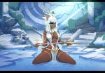  2018 anthro antlers black_bars blue_eyes bracelet breasts brown_nose cervine clothed clothing deer detailed_background digital_media_(artwork) eyelashes female hair headwear here-kitty--kitty holding_object holding_weapon horn inner_ear_fluff jewelry kneeling mammal midriff navel necklace skimpy snow solo water weapon white_hair 