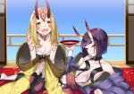  2girls alcohol asanuma bare_shoulders blonde_hair breasts claws cleavage duo fanger fate/grand_order fate_(series) female hair_jewelry holding_cup horns ibaraki_douji_(fate/grand_order) jewelry kimono long_hair multiple_girls off_shoulder oni oni_horns open_kimono pointy_ears purple_eyes purple_hair purple_kimono revealing_clothes sakazuki sake short_hair short_kimono shuten_douji_(fate/grand_order) small_breasts wafuku wide_sleeves yellow_eyes yellow_kimono 