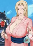  1girl breasts cleavage cyberunique huge_breasts kimono nail_polish naruto nude smile tsunade 