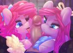  2018 alternate_hairstyle blush dimwitdog duo_focus earth_pony equine female friendship_is_magic group hair hi_res horse human humanoid_penis interspecies licking male male/female mammal my_little_pony one_eye_closed oral penis pink_hair pinkamena_(mlp) pinkie_pie_(mlp) pony sex tongue tongue_out 