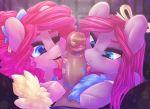 2018 alternate_hairstyle blush dimwitdog duo_focus earth_pony equine female friendship_is_magic group hair hi_res horse human humanoid_penis interspecies licking lipstick_marks male male/female mammal my_little_pony one_eye_closed oral penis pink_hair pinkamena_(mlp) pinkie_pie_(mlp) pony sex tongue tongue_out 