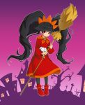  1girl ashley_(warioware) big_hair black_hair broom dress hairband highres holding long_hair long_sleeves mayreau_00 neckerchief orange_neckerchief orange_trim pantyhose red_dress red_eyes red_footwear skull_brooch skull_ornament solo stuffed_animal stuffed_rabbit stuffed_toy tiara twintails very_long_hair warioware 
