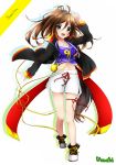  :d black_jacket blue_eyes blush brown_hair buena_vista_(racehorse) character_name copyright_name full_body fulunukko hand_up highres jacket long_hair medal navel open_mouth personification ponytail red_string shoes shorts smile sneakers solo standing string umabi white_shorts 