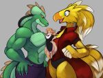 4:3 absurd_res anthro avian bare_thighs beak between_breasts between_pecs bird blonde_hair blue_eyes blush breasts canid canine cheek_tuft chest_tuft chocobo clothing dipstick_feathers dragon facial_tuft feather_hair feathered_crest feathers female final_fantasy fox green_body green_scales group hair head_crest hi_res horn jacket legwear lira_(lira13) looking_down_at_another male mammal muscular muscular_male mythological_creature mythological_scalie mythology non-mammal_breasts pecs pseudo_hair red_clothing robomax scales scalie simple_background smile smiling_at_another square_enix squish standing tail tail_feathers terry_bigtime thick_thighs topwear trio tuft underwear wednesday_(robomax) winged_arms wings yellow_body yellow_feathers