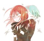  ahoge androgynous aqua_hair blush closed_eyes elbow_gloves embarrassed gem_uniform_(houseki_no_kuni) gloves golden_arms green_hair houseki_no_kuni hug hug_from_behind mercury multiple_others necktie phosphophyllite red_eyes red_hair shinsha_(houseki_no_kuni) short_hair suzuka_(suzuchiyan) upper_body white_background 