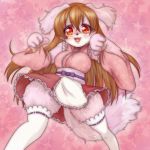  1girl artist_request brown_hair dog furry japanese_clothes long_hair red_eyes solo stocking 