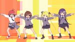  4girls antenna_hair black_necktie black_ribbon black_skirt black_socks blonde_hair blue_eyes blue_hair braid brown_footwear brown_hair collared_shirt fang goshiki_agiri green_eyes hair_ribbon highres kill_me_baby loafers long_hair long_sleeves lucky_star motteke!_serafuku multicolored_hair multiple_girls necktie open_mouth oribe_yasuna outstretched_arms parody pleated_skirt purple_eyes red_hair ribbon shirt shoes short_hair single_braid skirt sneakers socks sonya_(kill_me_baby) spread_arms unused_character_(kill_me_baby) white_shirt white_socks yachima_tana 