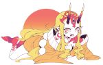  1girl bare_shoulders blonde_hair claws earrings fate/grand_order fate_(series) feet female highres horns ibaraki_douji_(fate/grand_order) jewelry kimono long_hair looking_at_viewer lying off_shoulder oni oni_horns open_mouth pixiv_id_4377717 pointy_ears rlaehdgus567 short_kimono simple_background solo wafuku wide_sleeves yellow_eyes yellow_kimono 