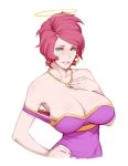  bare_shoulders breasts commentary dress earrings english_commentary freckles green_eyes halo hand_on_hip hand_on_own_chest hoop_earrings huge_breasts jewelry looking_at_viewer materclaws necklace no_bra parted_lips pink_hair purple_dress rubi_(wings_of_vi) short_hair simple_background smile solo upper_body white_background wings_of_vi 