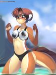  anthro bikini blush brown_eyes brown_fur brown_nose claws clothed clothing female flat_chested fur googly_eyes hair long_tail mammal mikhaila muscular mustelid otter short_hair shy skimpy solo spandex swimsuit thick_thighs tight_clothing tsampikos tylowell 