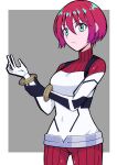  1girl amate_yuzuriha aqua_eyes bodysuit breasts closed_mouth commentary_request gundam gundam_gquuuuuux highres looking_at_viewer mecha_pilot_suit multicolored_bodysuit multicolored_clothes normal_suit osumoto1 red_hair science_fiction short_hair simple_background solo 