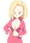  android_18 blonde_hair blue_eyes breasts cleavage commentary dragon_ball dragon_ball_z earrings english_commentary inkerton-kun jewelry large_breasts long_hair looking_at_viewer naughty_face simple_background smile solo track_suit unzipping white_background 
