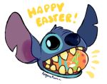  2018 alien alpha_channel angoraram black_eyes blue_fur blue_nose digital_drawing_(artwork) digital_media_(artwork) disembodied_head disney easter easter_egg eating english_text experiment_(species) fur head_tuft holiday_message holidays lilo_and_stitch looking_at_viewer low_res notched_ear saliva signature simple_background solo stitch text transparent_background 
