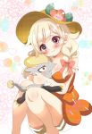  blonde_hair blush breasts brown_eyes cleavage dress flower gen_7_pokemon hat hat_flower highres holding holding_pokemon hug jangmo-o kiko19970619 long_hair looking_at_viewer medium_breasts mizuki_(pokemon) orange_dress pokemon pokemon_(creature) pokemon_(game) pokemon_usum red_eyes sitting strap_slip sun_hat 