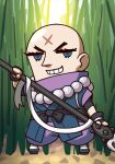  april_fools bald beads blue_eyes chibi eyebrows fate/grand_order fate_(series) grin highres holding holding_weapon houzouin_inshun_(fate/grand_order) japanese_clothes looking_at_viewer male_focus official_art plant prayer_beads riyo_(lyomsnpmp) scar smile solo standing weapon 