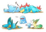  claws closed_eyes commentary_request fangs fangs_out feraligatr hiraisaki leafeon lying no_humans on_back on_stomach open_mouth pokemon pokemon_(creature) pokemon_focus quagsire sitting sleeping squeans swampert tongue u_u wooper zzz 