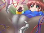  aile blush bodysuit breasts brown_hair closed_mouth commentary_request from_below gloves green_eyes miso_panda panties pantyhose rockman rockman_zx short_hair solo underwear 