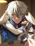  1boy 1other black_gloves blue_hair blue_jacket blush closed_mouth commentary feathered_wings fork gloves hair_between_eyes head_wings highres holding holding_fork honkai:_star_rail honkai_(series) jacket long_sleeves looking_at_viewer male_focus medium_hair moonya multicolored_clothes multicolored_jacket piercing pov pov_hands scarf sunday_(honkai:_star_rail) symbol-only_commentary two-tone_jacket upper_body white_jacket white_scarf white_wings wing_piercing wings yellow_eyes 