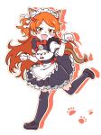  1girl :d animal_ears animal_hands apron bell black_dress black_footwear black_thighhighs blush_stickers bow bowtie breasts cat_ears cat_girl cat_paws cat_tail cleavage_cutout clothing_cutout dot_nose dress drop_shadow fake_animal_ears fake_tail fluffy_hair full_body hair_ribbon idolmaster idolmaster_million_live! idolmaster_million_live!_theater_days long_hair looking_at_viewer maid maid_apron maid_headdress millcookie_pro neck_bell ogami_tamaki open_mouth orange_eyes orange_hair outline parted_bangs paw_pose paw_print puffy_short_sleeves puffy_sleeves red_bow red_bowtie ribbon running short_sleeves side_ponytail sidelocks simple_background small_breasts smile solo standing standing_on_one_leg tail teeth thighhighs upper_teeth_only very_long_hair waist_apron wavy_hair white_apron white_background white_outline white_wrist_cuffs wrist_cuffs zettai_ryouiki 