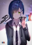  absurdres blue_hair closed_mouth collared_shirt commentary_request darling_in_the_franxx evan_(pixiv7510743) green_eyes hair_ornament hair_over_one_eye hairclip highres hood hoodie ichigo_(darling_in_the_franxx) necktie shirt short_hair smile solo standing striped striped_neckwear v white_shirt 
