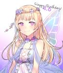  bang_dream! bangs bare_shoulders blonde_hair blue_flower closed_mouth commentary_request dated dress eyebrows_visible_through_hair fairy_wings flower hair_flower hair_ornament happy_birthday long_hair looking_at_viewer pink_eyes see-through shirasagi_chisato sleeveless sleeveless_dress smile solo sparkle tiny_(tini3030) white_background white_dress wings 