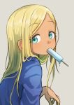  aqua_eyes blonde_hair blue_shirt commentary_request dark_skin eyebrows_visible_through_hair food food_in_mouth gazacy_(dai) highres ice_cream idolmaster idolmaster_cinderella_girls layla_(idolmaster) long_hair looking_at_viewer looking_to_the_side popsicle shirt 