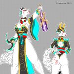 anthro armor asian_clothing asian_mythology bare_legs black_clothing black_ears black_kimono black_leotard breasts butt choker cjk_character cjk_character_tattoo cleavage clothed clothing ear_piercing ear_ring east_asian_clothing east_asian_mythology female fluffy fluffy_tail fur green_jewelry headgear helmet horn horned_helmet japanese_clothing japanese_mythology jewelry keiko_tachibana kimono leotard lyonley mammal mustelid musteline mythology necklace ornament partially_clothed piercing ranged_weapon red_makeup ring_piercing sake_bottle shuriken solo tail tattoo throwing_weapon true_musteline unconvincing_armor weapon weasel white_body white_fur white_tail yellow_eyes yokai