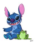  2011 5_fingers :| absurd_res alien amphibian black_eyes blue_claws blue_fur chest_tuft claws digital_drawing_(artwork) digital_media_(artwork) disney duo experiment_(species) feral frog fur green_body head_tuft hi_res lilo_and_stitch nicparris notched_ear open_mouth open_smile pointing purple_nose semi-anthro signature simple_background sitting smile stitch tuft white_background 