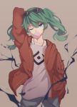 arm_up blue_eyes bubble_blowing chewing_gum eyebrows_visible_through_hair eyewear_on_head green_hair hatsune_miku head_tilt highres jacket jewelry kicchan long_hair looking_at_viewer necklace one_eye_closed solo suna_no_wakusei_(vocaloid) sunglasses twintails vocaloid 