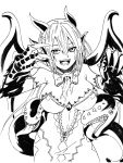  :d animal_ears breasts claws commentary dragon_girl dress english_commentary extra_mouth extra_tongue eyebrows_visible_through_hair gecho greyscale hair_between_eyes hand_up highres horns jabberwock_(monster_girl_encyclopedia) large_breasts looking_at_viewer monochrome monster_girl monster_girl_encyclopedia open_mouth simple_background smile solo standing tentacles white_background wings 