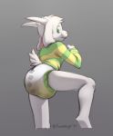  2017 anthro asriel_dreemurr better_version_at_source bottomless clothed clothing diaper digital_media_(artwork) feces foxehhyz green_eyes looking_back low-angle_view messy_diaper scat signature simple_background undertale urine video_games wet_diaper young 