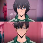  1boy black_hair closed_mouth dual_persona hair_between_eyes highres jacket male_focus meme multicolored_clothes multicolored_jacket popped_collar shirt short_hair smile solo_leveling squid_game sung_jin-woo teeth track_suit upper_body viii_00908 year_1_&amp;_year_2_(squid_game)_(meme) 