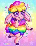  anthro caprine cloven_hooves dolcisprinkles female front_view fur gradient_background hair hand_on_face happy hooves looking_at_viewer mammal multicolored_eyes multicolored_fur multicolored_hair nude open_mouth pattern_background portrait pose rainbow_eyes rainbow_fur rainbow_hair raised_leg sheep simple_background smile solo sparkles standing tan_fur wool 