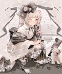  1girl 2025 black_bow black_flower black_rose black_stole blunt_bangs bow closed_mouth drill_hair expressionless floral_print flower frilled_shirt_collar frills full_body furigana hagoita hair_ornament highres holding japanese_clothes kanzashi kimono lace_ribbon lace_trim long_sleeves looking_at_viewer obi original paddle platform_footwear pleated_skirt rose rose_print sandals sash shiiro_illust signature sitting skirt solo stole stuffed_animal stuffed_toy teddy_bear tsumami_kanzashi twin_drills twintails twitter_username watermark white_eyes white_hair white_kimono wide_sleeves zouri 