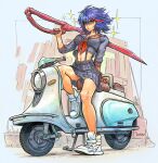  1girl artist_name black_shirt black_skirt blue_eyes breasts cropped_shirt debirudude fingerless_gloves gloves hair_between_eyes highres kill_la_kill matoi_ryuuko medium_breasts messy_hair midriff motor_vehicle motorcycle multicolored_hair navel on_motorcycle panties panty_peek purple_hair red_gloves red_hair scooter senketsu shirt shoes single_glove sitting skirt sneakers solo streaked_hair suspender_skirt suspenders underwear vespa white_footwear 