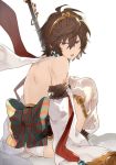  andira_(granblue_fantasy) andira_(granblue_fantasy)_(cosplay) backless_outfit brown_hair cosplay crossdressing detached_sleeves granblue_fantasy highres long_sleeves male_focus red_eyes ribbon sandalphon_(granblue_fantasy) short_hair solo tears yaba_ine 