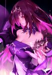  absurdres bangs bare_shoulders breasts cleavage closed_mouth commentary dress fate/grand_order fate_(series) half-closed_eyes hand_up headpiece highres large_breasts long_hair looking_at_viewer purple_dress purple_hair red_eyes reroi revision scathach_(fate)_(all) scathach_skadi_(fate/grand_order) sidelocks smile solo 