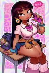  1girl alternate_costume backpack bag bibo_(el_dorado) black_hair blunt_bangs bow bowtie breasts brown_eyes cardigan cardigan_around_waist cellphone chel_(the_road_to_el_dorado) clothes_around_waist dark-skinned_female dark_skin dress_shirt earrings fake_nails gyaru highres jewelry large_breasts long_hair loose_bowtie loose_socks miguel_(el_dorado) nail_polish nyacky phone pink_bow pink_bowtie pink_nails red_lips scrunchie shirt short_sleeves smile socks solo straight_hair sweater sweater_around_waist the_road_to_el_dorado thick_thighs thighs tulio_(el_dorado) white_shirt wrist_scrunchie 