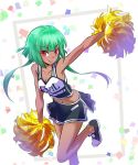  :p arm_up armpits bangs bare_legs black_footwear black_skirt blunt_bangs bob_cut breasts cheerleader cleavage closed_mouth clothes_writing collarbone commentary_request confetti emerald_sustrai eyebrows_visible_through_hair green_hair holding iesupa leg_up looking_at_viewer medium_breasts miniskirt navel outstretched_arm pom_poms red_eyes rwby shoes short_hair_with_long_locks side_slit skirt sleeveless smile sneakers solo standing standing_on_one_leg tongue tongue_out tsurime two-tone_background 