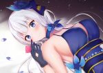  azur_lane bangs bare_shoulders bell black_gloves blue_choker blue_dress blue_eyes blue_flower blue_ribbon blue_rose blush breasts choker closed_mouth commentary_request condom condom_wrapper dress eyebrows_visible_through_hair flower gloves hair_flower hair_ornament head_tilt houraku illustrious_(azur_lane) large_breasts long_hair lying on_back petals ribbon rose silver_hair sleeveless sleeveless_dress smile solo very_long_hair 