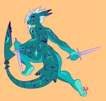  anthro crobat_(artist) facial_piercing female fin fin_piercing fish furgonomics furry-specific_piercing hair looking_back marine melee_weapon nose_piercing nude piercing scar septum_piercing shark solo sword thick_thighs weapon 