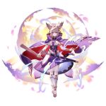  1girl absurdres adapted_costume armlet blonde_hair bracer cape closed_mouth earmuffs full_body game_cg highres holding jewelry looking_at_viewer official_art pointy_hair purple_cape purple_skirt red_cape ritual_baton sheath sheathed shirt skirt sleeveless sleeveless_shirt smile solo sword third-party_source touhou touhou_gensou_eclipse toyosatomimi_no_miko transparent_background two-sided_cape two-sided_fabric u_u_zan weapon yellow_eyes 