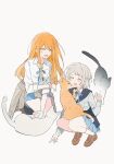  2girls ^_^ blue_overskirt blue_ribbon blue_skirt blush cardigan cardigan_around_waist cat closed_eyes clothes_around_waist donaldstua634 flying_sweatdrops full_body gakuen_idolmaster grey_cardigan hair_ribbon half_up_braid hashtag-only_commentary hatsuboshi_gakuen_school_uniform highres idolmaster katsuragi_lilja kneeling mole mole_under_eye multiple_girls neck_ribbon ribbon ribbon_braid school_uniform shirt shiun_sumika short_hair simple_background skirt smile squatting straight_hair white_background white_shirt 