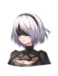  black_blindfold black_dress black_hairband blacktheif blindfold breasts cleavage cleavage_cutout dress hairband highres lips medium_breasts mole mole_under_mouth nier_(series) nier_automata patterned_clothing portrait short_hair silver_hair simple_background solo white_background yorha_no._2_type_b 