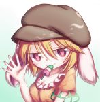  :3 animal_ears aqua_background blonde_hair blouse breasts bunny_ears cleavage collarbone dango dior-zi eyebrows_visible_through_hair flat_cap floppy_ears food food_in_mouth gradient gradient_background hair_between_eyes hand_up hat highres looking_at_viewer mouth_hold open_hand orange_blouse red_eyes ringo_(touhou) sanshoku_dango short_hair short_sleeves simple_background small_breasts solo touhou upper_body wagashi 