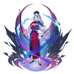  1girl absurdres adapted_costume arrow_(projectile) blue_skirt bow_(weapon) braid closed_mouth constellation_print cross full_body game_cg grey_hair hat highres holding holding_arrow holding_bow_(weapon) holding_weapon long_hair long_sleeves looking_at_viewer multicolored_clothes multicolored_skirt nurse_cap official_art print_skirt red_cross red_skirt see-through_clothes see-through_sleeves shoes single_braid skirt smile solo third-party_source touhou touhou_gensou_eclipse transparent_background two-tone_skirt u_u_zan very_long_hair weapon yagokoro_eirin yellow_eyes 