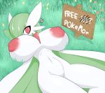  &lt;3 2018 areola big_breasts breasts english_text female flower gardevoir grass green_hair green_skin hair huge_breasts humanoid lying navel nintendo nipples not_furry nude on_back one_eye_covered outside pink_nipples plant pok&eacute;mon pok&eacute;mon_(species) puffy_areola pussy red_eyes shmeepo sign solo text video_games white_skin 